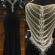 Иллюзионное черное платье русалки для выпускного вечера, длинное с жемчугом, бисером, v-образным вырезом, эластичное атласное Формальное вечернее платье robe de soriee