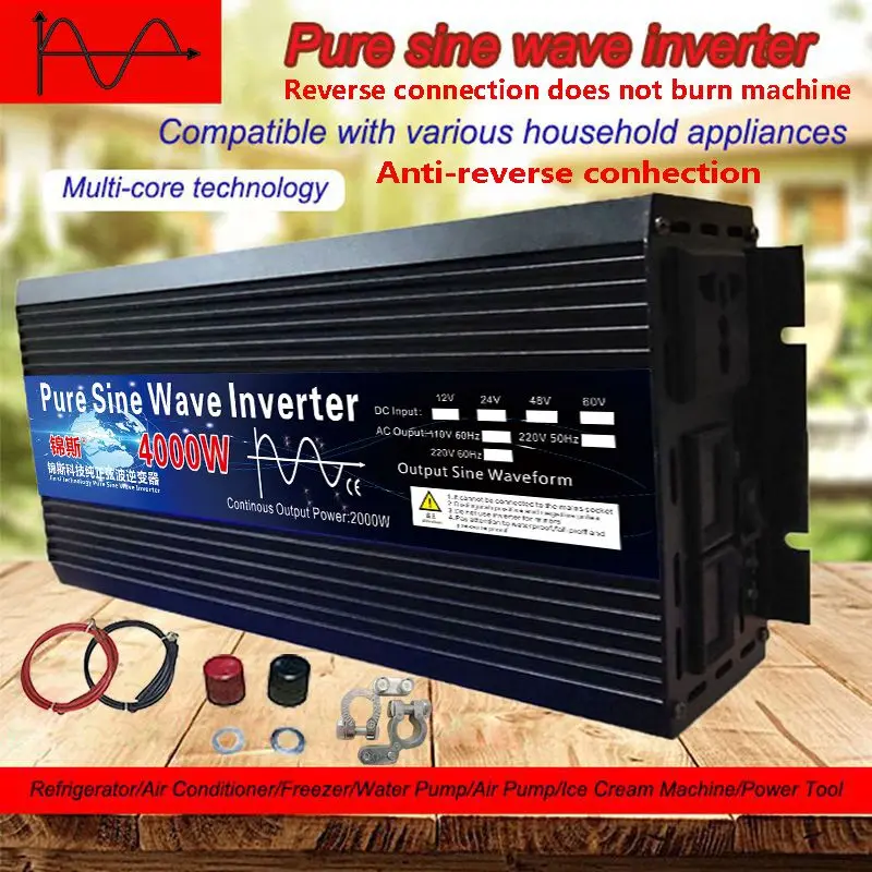 Inversor de onda sinusoidal pura, transformador de voltaje de 12V, 24V, 48V, 60V, 220V, 3000w, 4000w, inversor de energía Solar DC12V a AC 220V, convertidor LED
