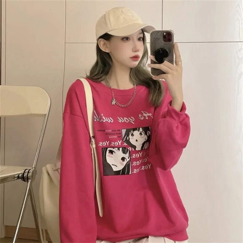 2021 spring and autumn new tide brand salt series women's net red Japanese cartoon thin print loose long sleeve top