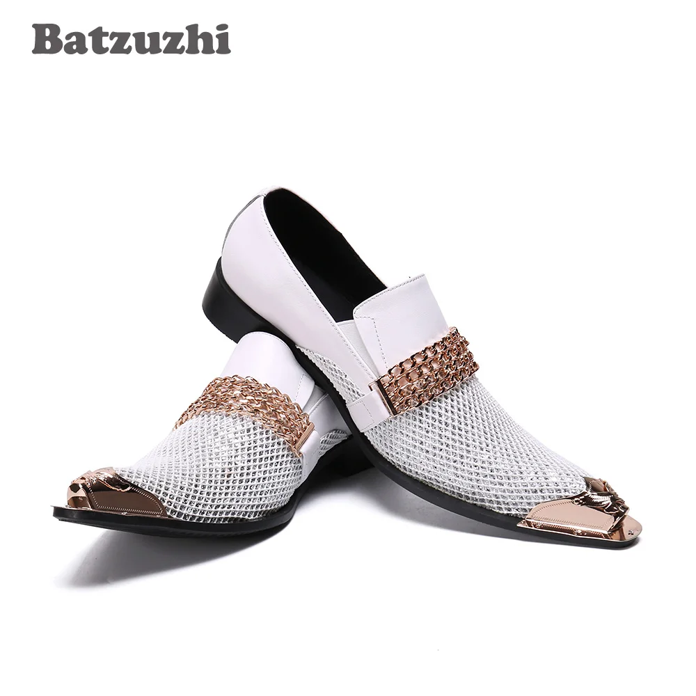 

Batzuzhi Men Shoes Italian Type Pointed Metal Tip White Leather Dress Shoes Slip on Gentleman White Wedding Shoes Men, 38-46