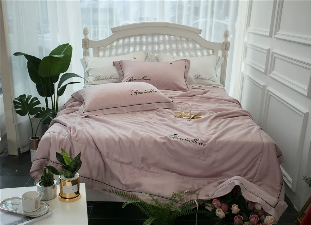 

Summer 80s Tencel Summer Blanket Solid Color Simple Embroidered Airable Cover Bow Summer Quilt Airable Cover