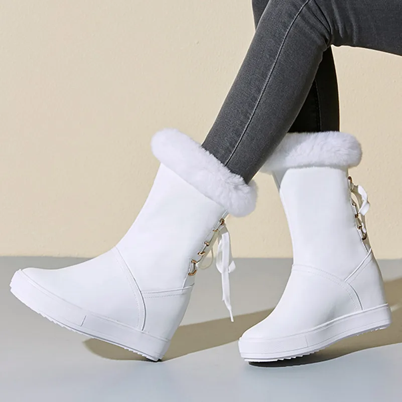 Meotina Women Boots Winter Snow Boots Real Fur Height Increasing Heel Mid Calf Boots Warm Plush Round Toe Shoes Lady Size 34-39
