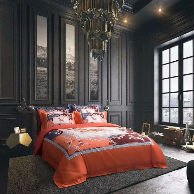 New Orange Bedding Set Ropa De Cama Parrure De Lit European Luxury Bed Cotton Fashion Simple Horse Style Duvet Cover Sheet