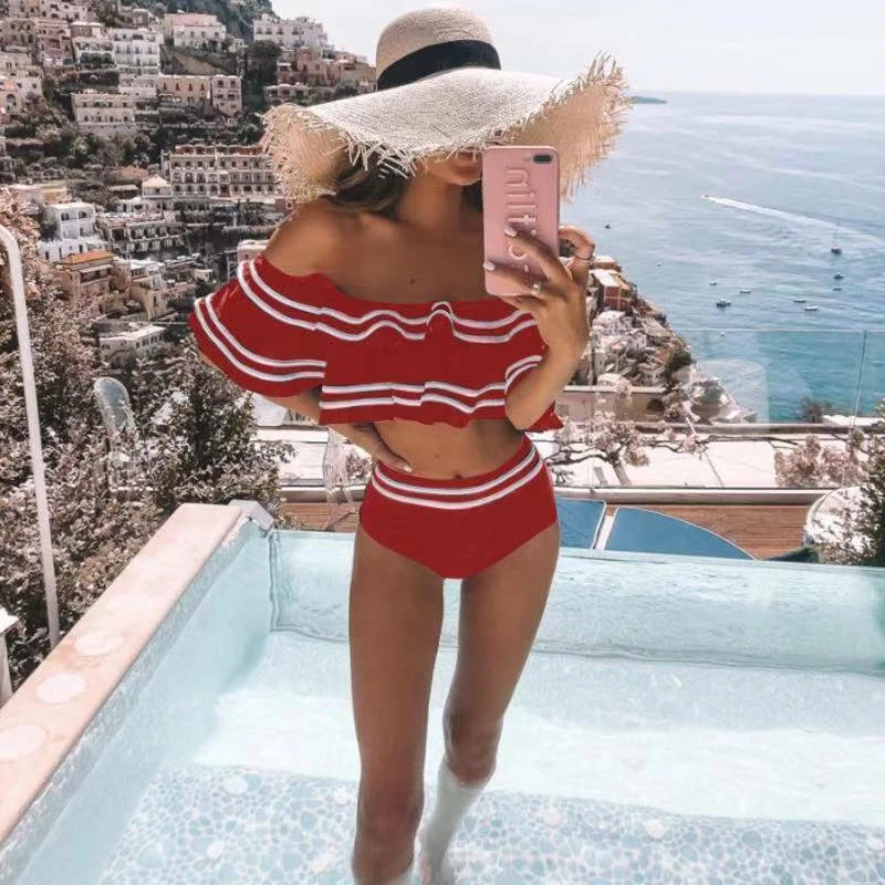 New Sexy Off Shoulder Ruffles Female Bikini Set Padded Push Up Bra High Waist Panties Bathing Suit Stripe Swimsuit Swimwear 2PCS
