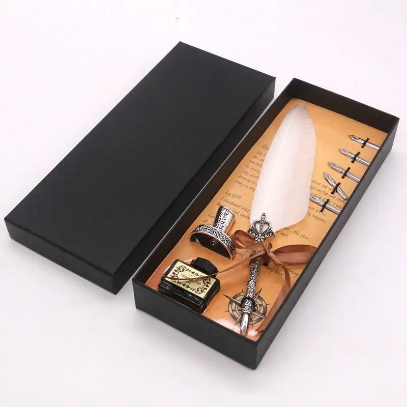 

PS170 Natural Delicate Feather Quill Pen Set Dip Pen Sign Pen Kit Gift Box Packing feather Quill Pen Set 5 nib & ink