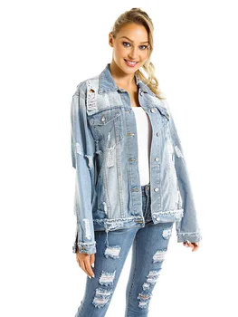 

Women Frayed Denim Jacket Coat Fashion Causal Street Loose Turn-down Collar Jean Jacket