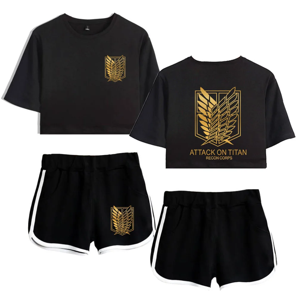 

2021 3D Print Attack on Titan Two Piece Set Short Crop Top + Shorts Sweat Suits Women Tracksuit Two Piece Outfits Summer Sets