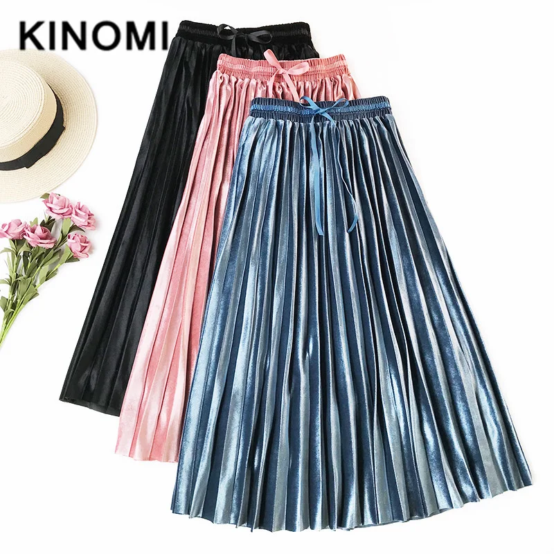 KINOMI новые весенние винтажные бархатные плиссированные юбки металлик элегантные длинные юбки женские корейские OL стильные кружевные трапециевидные юбки