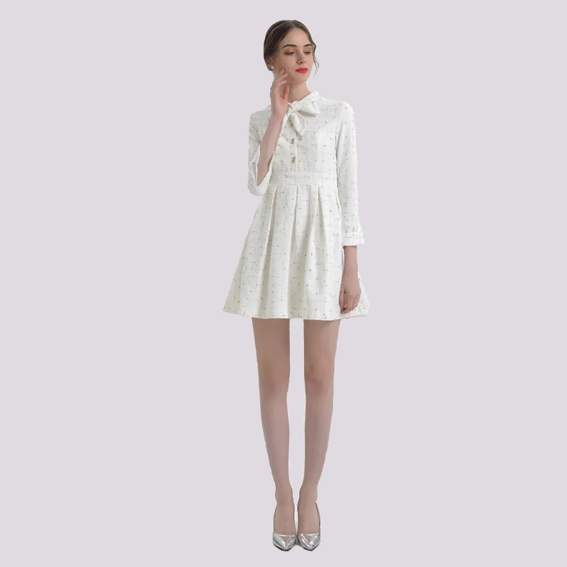 

Designer women autumn vestidos de festa Seven-quarter sleeve Bow white dress pearl lattice elegant mini dress roupas feminina