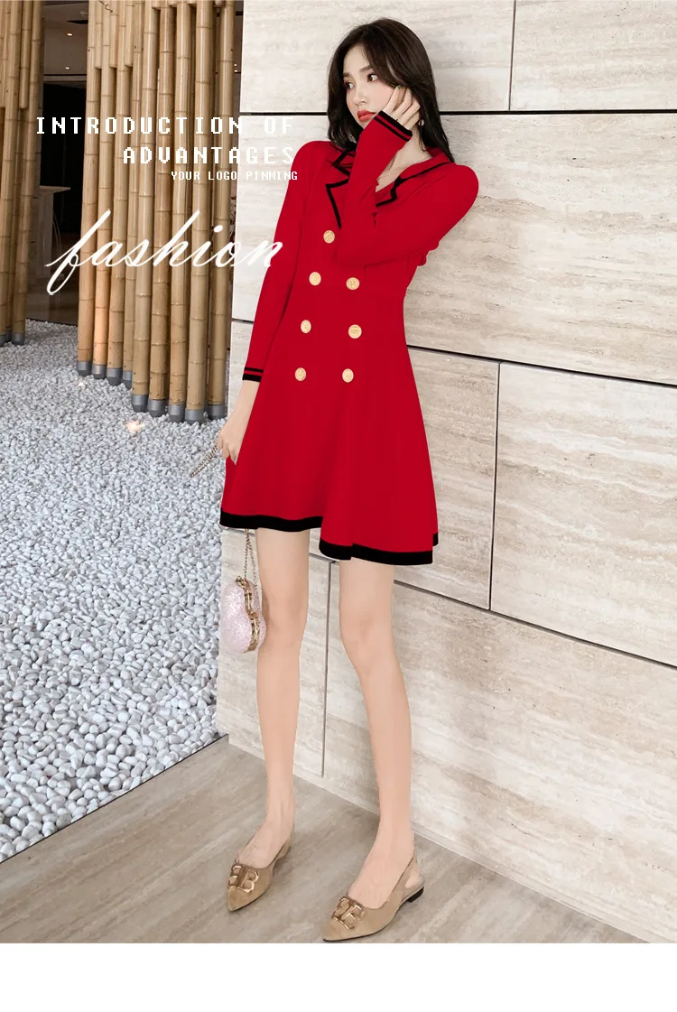 Осенне-зимнее платье-свитер женское двубортное трикотажное платье А-силуэта плотное теплое офисное Дамское Платье Плюс Размер Vestido