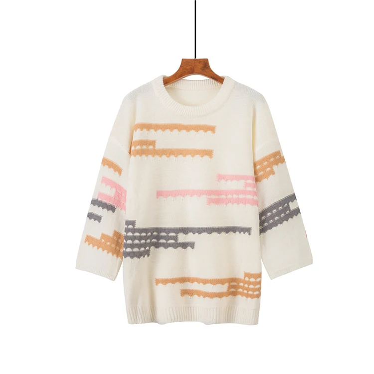 Trytree Winter Women Casual Sweater O-neck Lantern Sleeve Computer Knitted Geometric Knitted Loose Office Lady Sweater Top