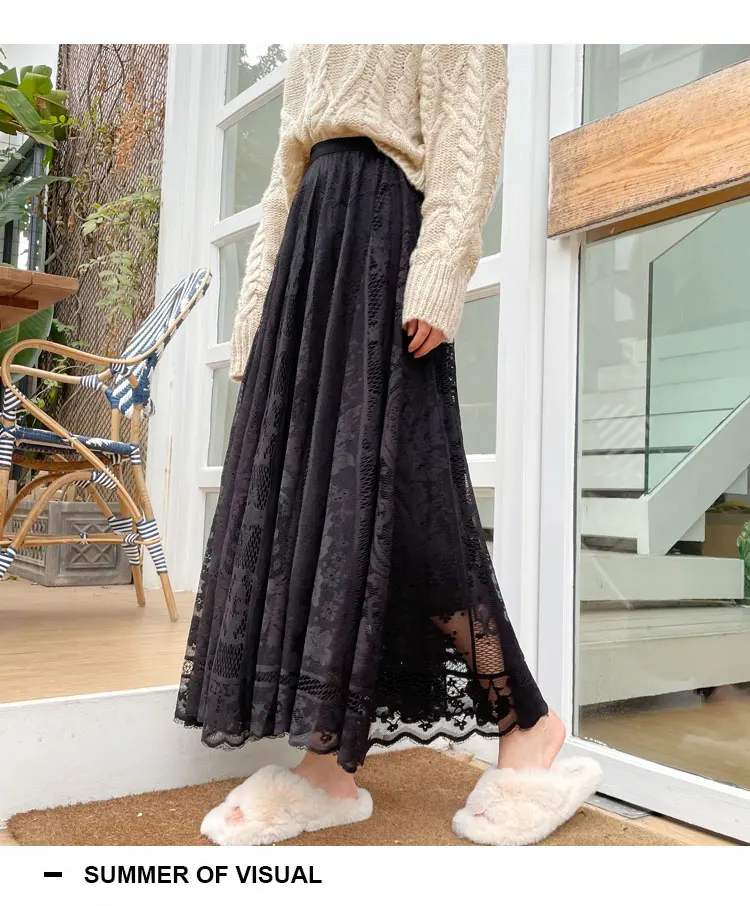 Vintage Women's Lace Crochet Umbrella Long Skirts 2021 Bohemian High Waist Hollow Out Female Maxi Skirts Spring Summer sequin skirt
