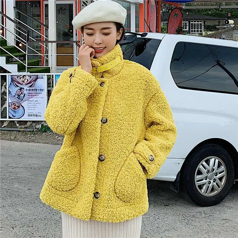 Yellow Женское зимнее теплое плюшевое пальто модное пальто из искусственного меха куртка из меха ягненка Женская Базовая Куртка парка верхняя одежда Смешанное пальто - Цвет: Yellow