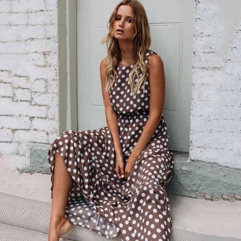 

women summer dress sleeveless brown dot maxi dress vintage sundress beach elegant ladies dress loose casual long dress woman