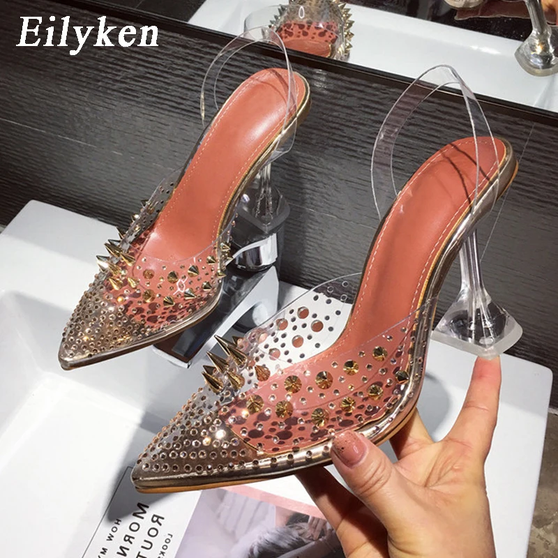 Eilyken/2021 г. Модные женские туфли лодочки с заклепками Летние пикантные прозрачные