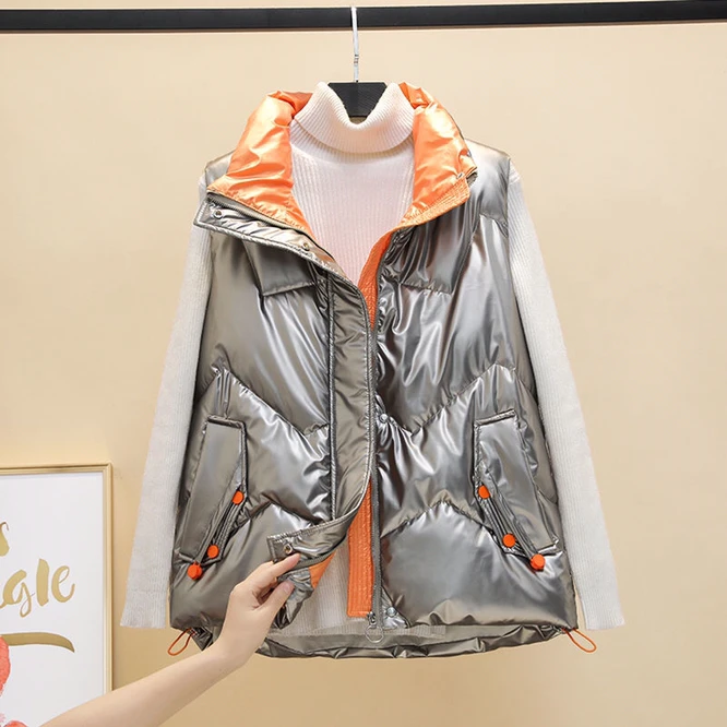 

Новинка 2021, осенне-зимний женский пуховый жилет из хлопка, универсальный жилет из яркой ткани для студенток для девушек, теплая Повседневная Уличная куртка серого цвета