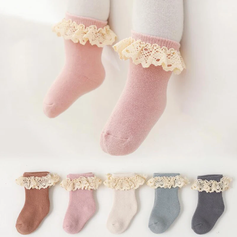 

New Winter Baby Girls Towel Socks Lace Cotton Children Ankle Socks Warm Baby Floor Sock Kids Princess Sock
