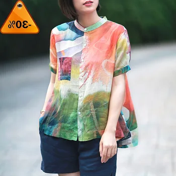 

Shirts Art Vintage Print Button short-sleeved Women Blouse 2020 Summer Fashion Loose Wild Ladies Blouse