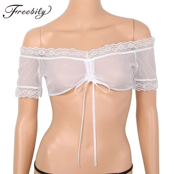 

Womens Bavarian Oktoberfest Costume Top Transparent Off Shoulder Short Sleeves Drawstring Sheer Dirndl Blouse Vintage Crop Tops