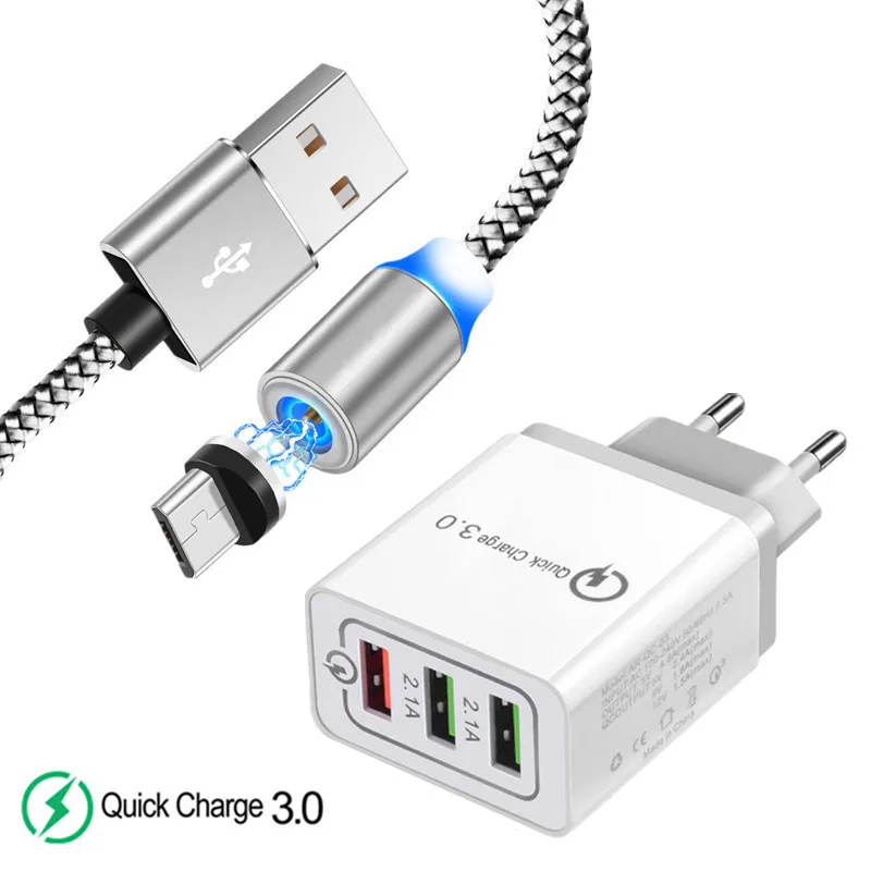 

For Samsung galaxy J2 J4 Core J6 Huawei P Smart 2019 LG G3S G4 LED magnetic Micro USB Cable + QC 3.0 3-Ports Fast Phone charger