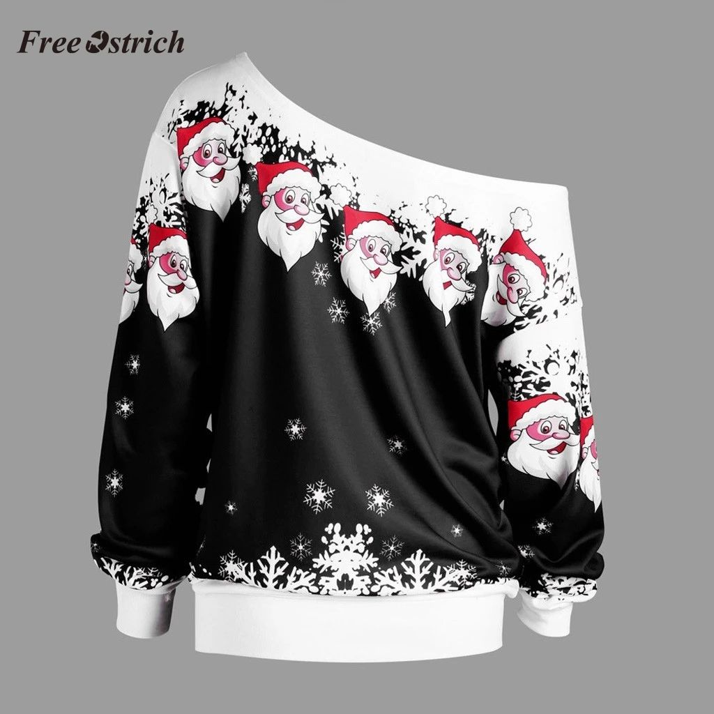 

Free Ostrich Autumn t shirt women Shirts Tops Merry Christmas Santa Claus Print Skew Collar long sleeve shirt women Plus Size 5X