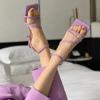 

ZawsThia 2020 genuine leather luxury brand fashion woman summer shoes thin high heels purple women sandals sandalia feminina