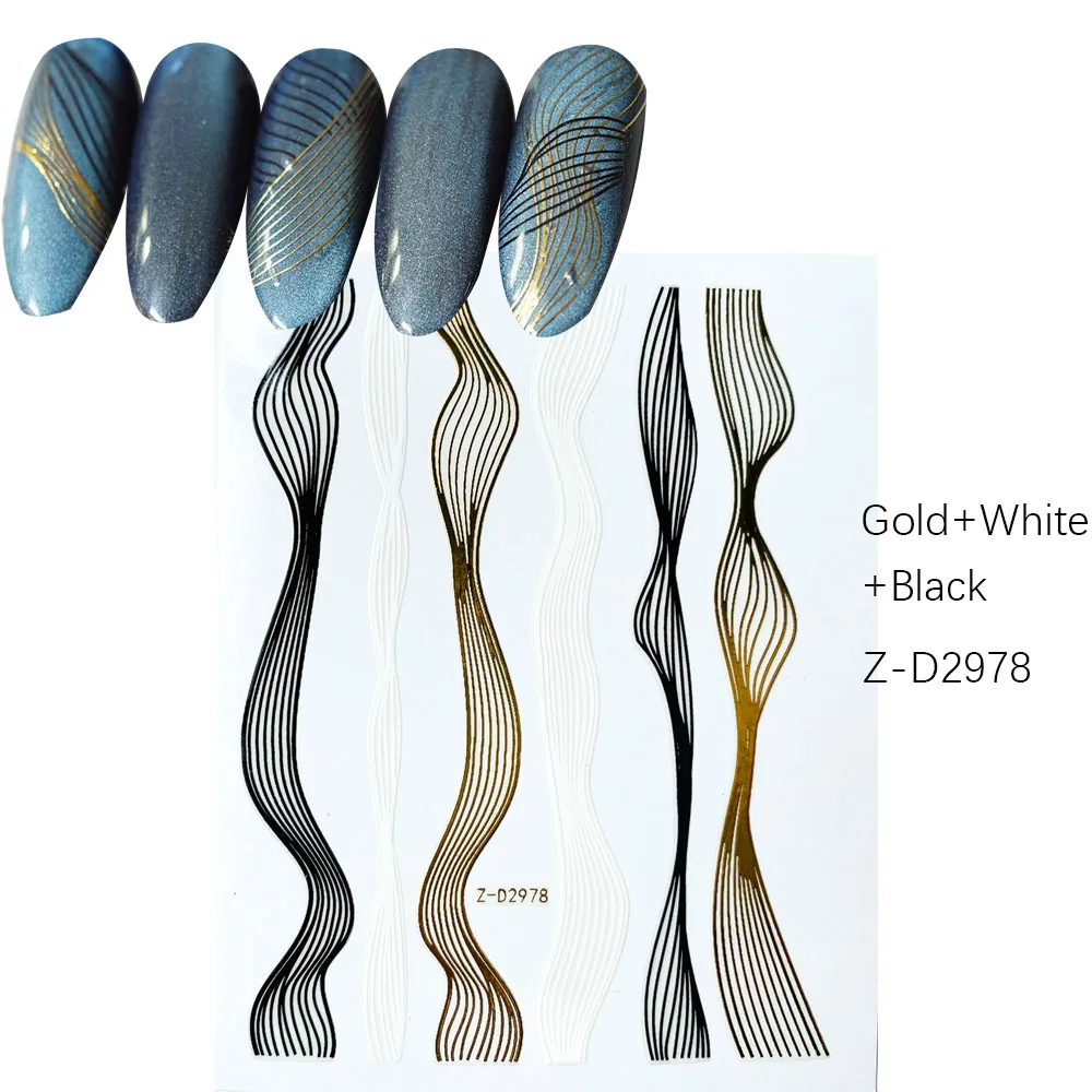 Z-D2978 1pcs Gold+Black+White Sliders 3D Nail Stickers Straight Curved Liners Stripe Tape Wraps Geometric Nail Art Decorations new - Цвет: Z-D2978