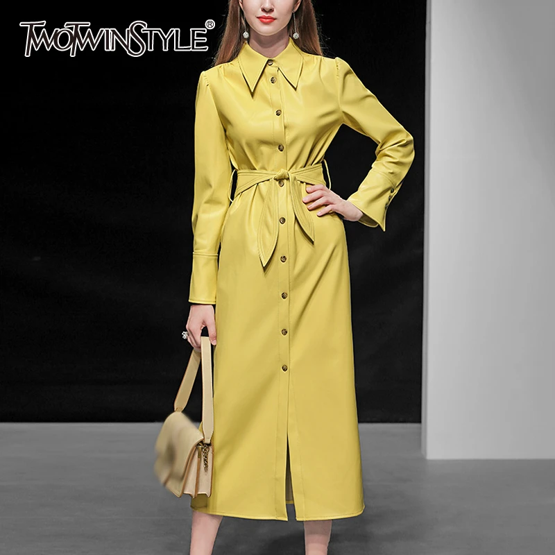 TWOTWINSTYLE Женское пальто из искусственной кожи воротник с лацканами длинный рукав