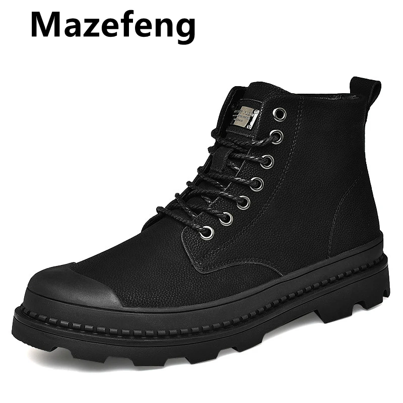 Mazefeng/черные теплые зимние мужские ботинки; ботильоны из натуральной кожи; Мужская зимняя Рабочая обувь; мужские зимние ботинки на меху в стиле милитари; Botas