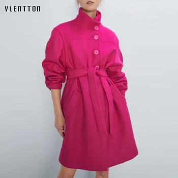 

Autumn Winter Elegant Sashes Office Lady Long Wool Jackets Coats Women Solid Stand Pockets Overcoat Casual Jacket Female Outwear