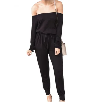 

Casual Black Off Shoulder Jumpsuits Women Autumn 2020 New Long Sleeve Pocket Sexy Strapless Lace Up Elastic Waist Ladies Rompers