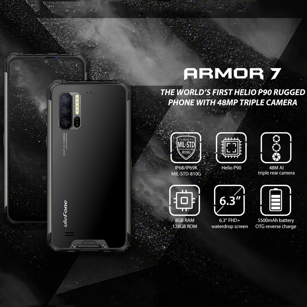 Ulefone Armor 7 IP68 прочный мобильный телефон Helio P90 Восьмиядерный 8 ГБ+ 128 ГБ Android 9,0 48MP 4G LTE камера Global Vision смартфон