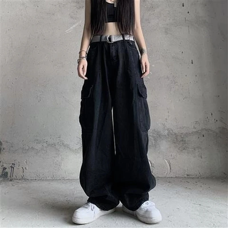 2022Spring Retro Jeans Women Harajuku  Black Streetwear Baggy Bf Style Wide  Denim Pants Gothic Casual loose OversizeTrousers