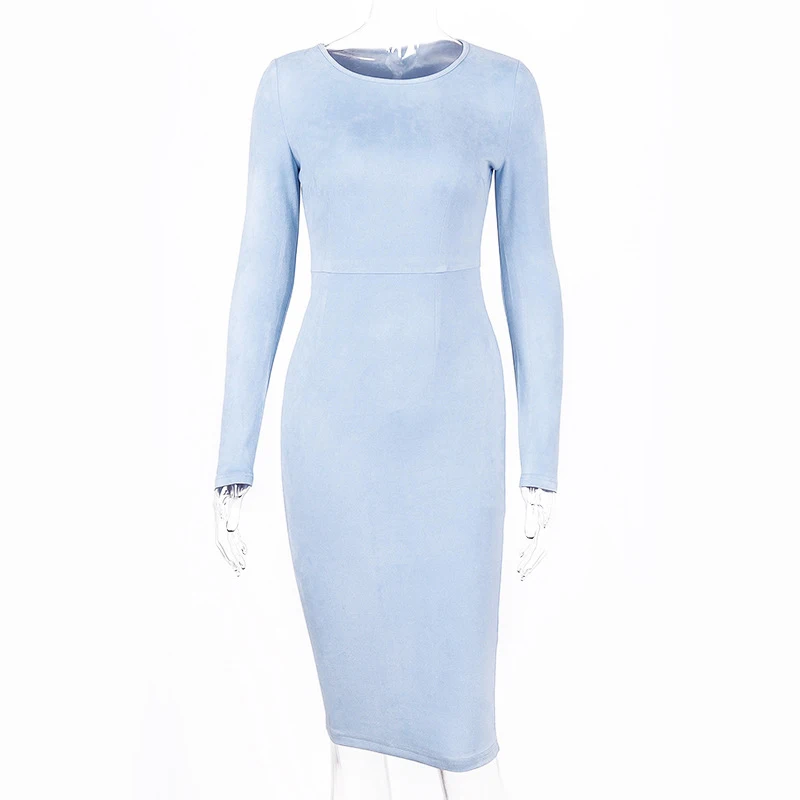 Замшевое женское осенне-зимнее облегающее платье с длинным рукавом и круглым вырезом, винтажные вечерние платья-карандаш, Женская оболочка, посылка, платье в стиле хип-хоп GV017 - Цвет: Light Blue
