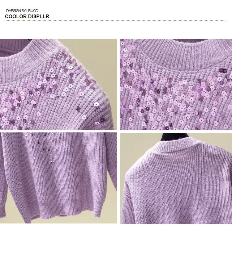 Зимний свитер женский элегантный фиолетовый расшитый блестками Повседневный Свободный вязаный пуловер Топы джемпер Pull Femme