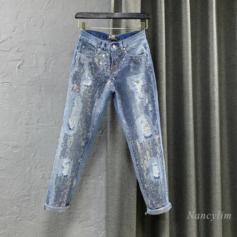 Large Size Denim Pants Women Harem Trousers 2022 New Summer Autumn Embroidery Sequins Light Blue Ripped Holes Jeans Femme women s broken holes denim harem trousers versatile and thin high waisted nine minute old dad jeans