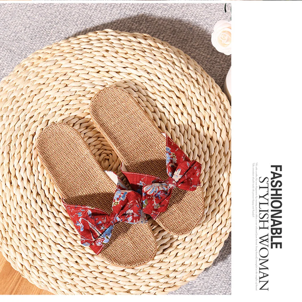 Женские летние тапочки льняные шлепанцы с бантом пляжная обувь женские богемные