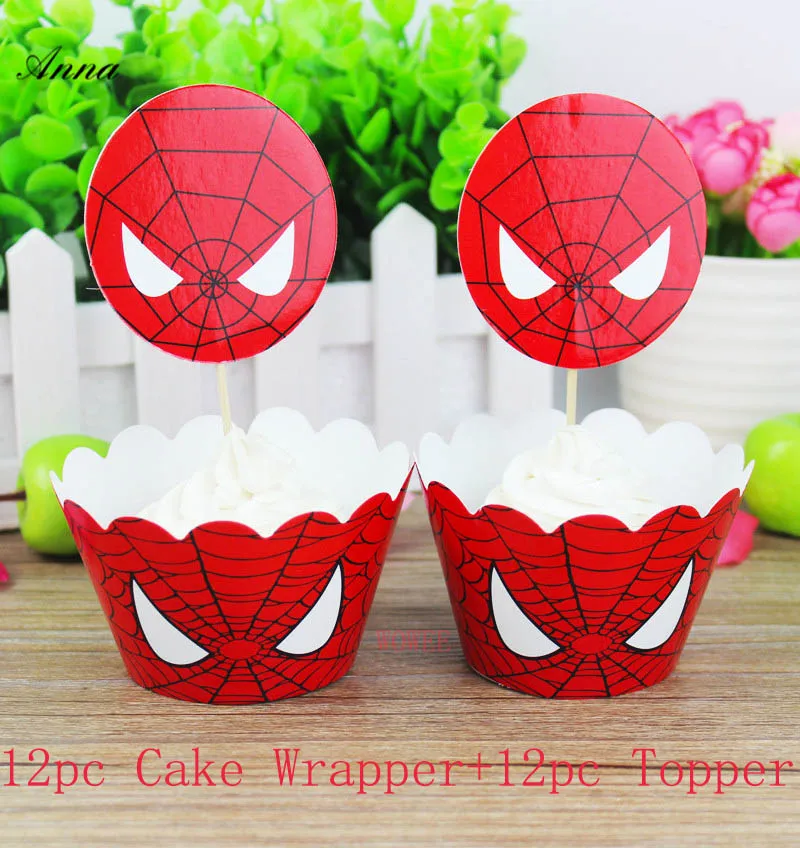 12Cake Rim12Topper 12 обертывания+ 12 Топпер Человек-паук вечерние принадлежности кекс обертка для капкейков топперы супергерой детский душ Дети День рождения украшения - Цвет: 12Cake Rim12Topper