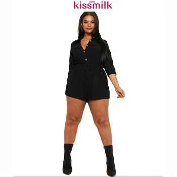 

Kissmilk Plus Size Woman Clothes Long Sleeve Pocket Buckle Elasticated Waist Jumpsuit