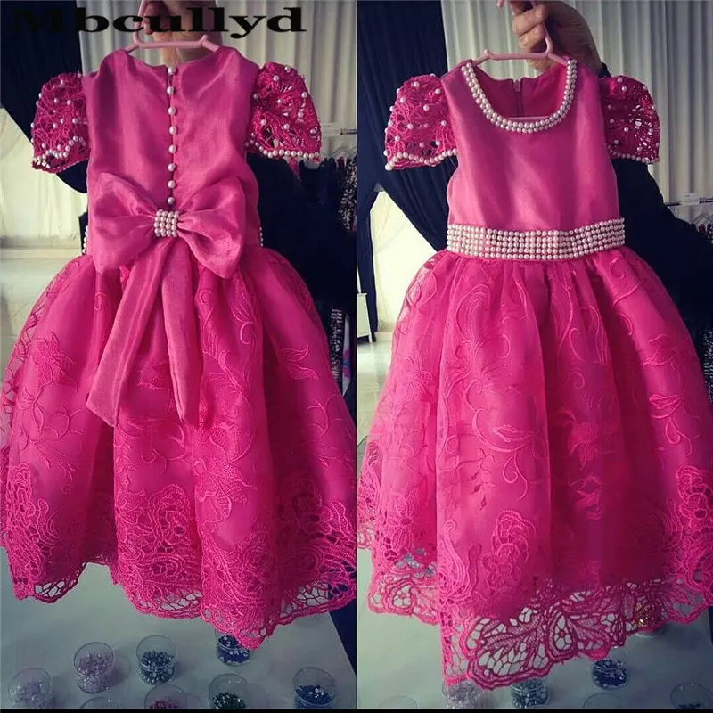 

Mbcullyd Fuschia кружевные цветочные платья для девочек на свадьбы 2023 первоклассное платье с жемчугом маленькое платье для девочек на день рождения