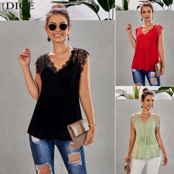 

2020 Fashion Hot selling Short-sleeved T-shirt Women Summer New Lace Stitching sexy V-neck Loose Wild Top B0506