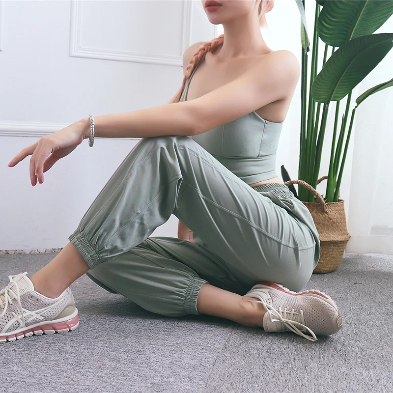 Female Yoga Training Pants Sports Trousers Exercise Fitness High Waist Drawstring Running Jogging Pants Workout Yoga casual sports pants