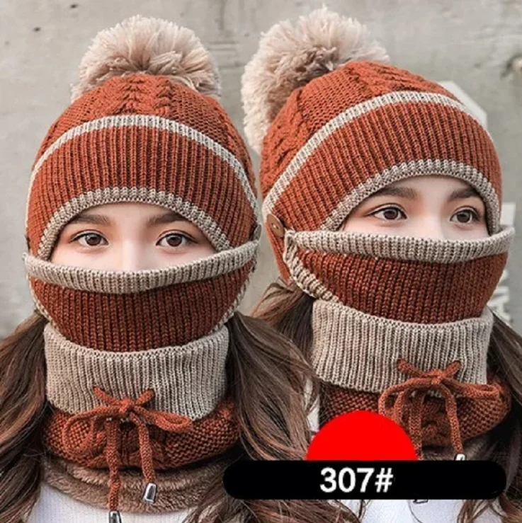 2 шт. Лыжная шапка и шарф Холодная Теплая Зимняя женская шапка вязаная шапка капот теплая шапка Skullies Beanies - Цвет: 307 brown