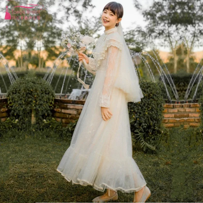 

TANYA BRIDAL Luxury High Collar Vintage Wedding Dresses Long Sleeve Lace 2019 robe de soiree JQ347