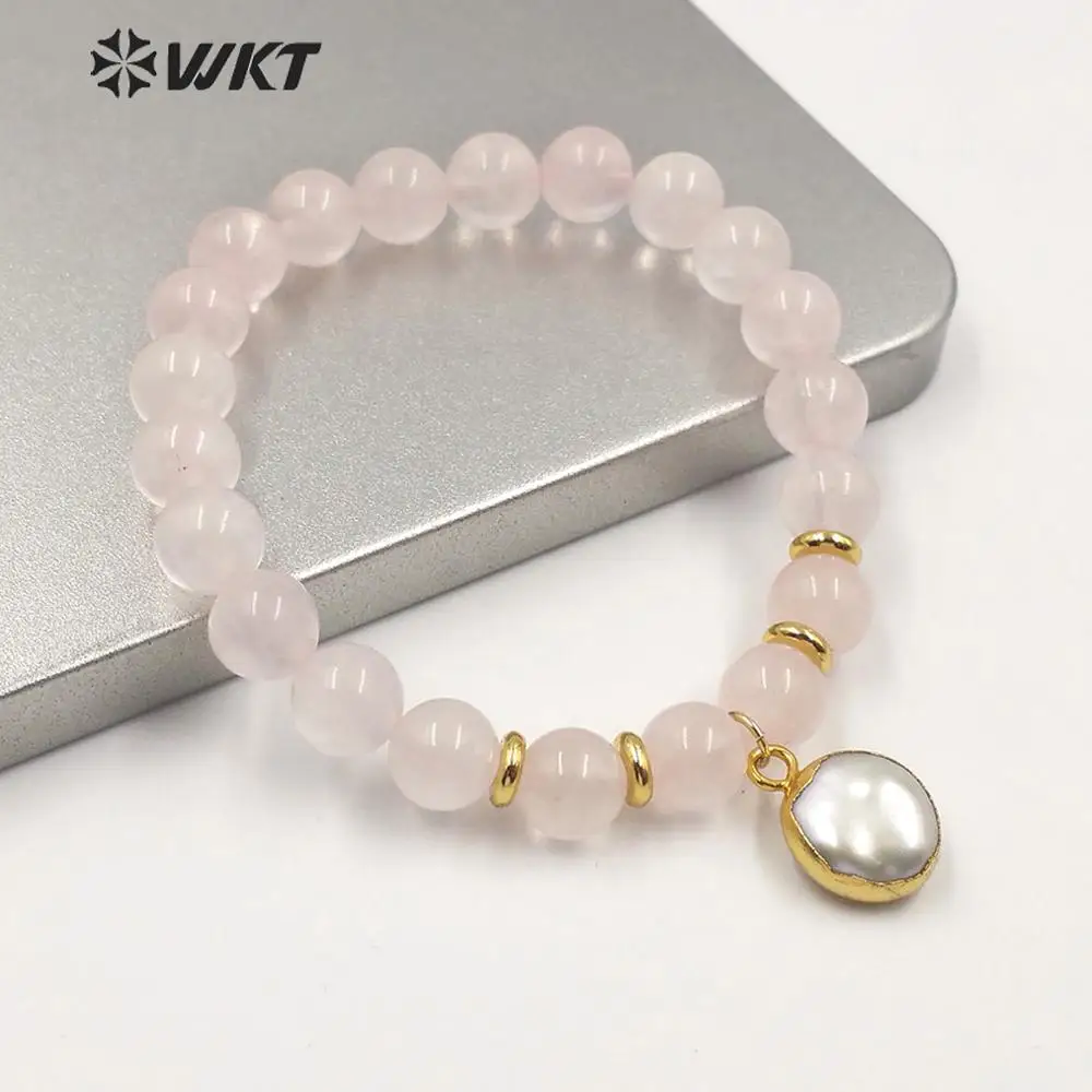 rose quartz WT-B538,, круглые 8 мм бусины, гибкие бусины, браслет для девушек, натуральные бусины из розовых камней, браслет с подвеской - Окраска металла: rose quartz