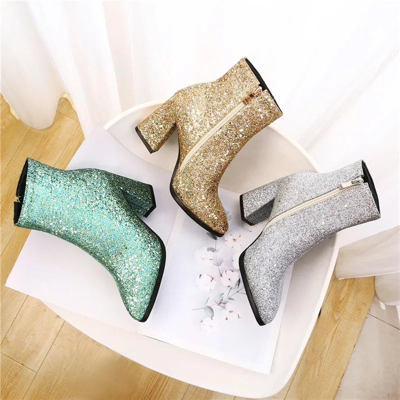 FEDONAS Blingbling/женские Теплые ботильоны; сезон осень-зима; модные вечерние туфли на высоком каблуке для танцев в ночном клубе; женская обувь; большие размеры