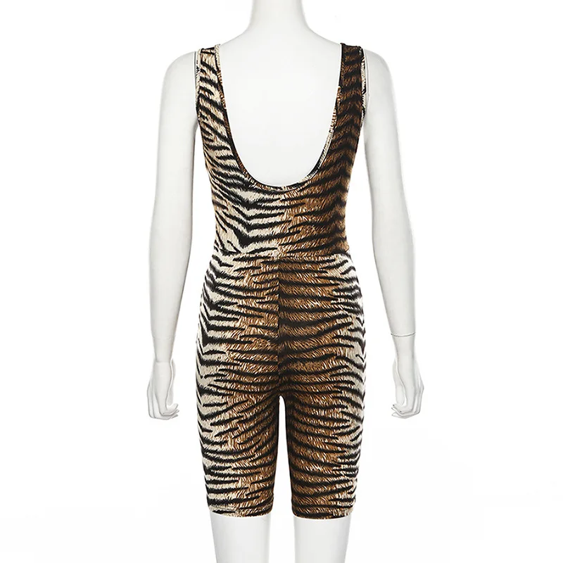 Bangniweigou Sleeveless Deep V Collar Leopard Tiger Skin Print Playsuit Women Bodycon Short Jumpsuit Rompers Overalls