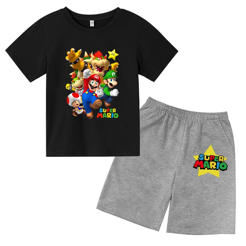 Super Mario  Children T-Shirts + Shorts Sets Fashion Lovely Boys Girls Pure Cotton Toddler Casual 4T-14T Kids Game little kid suit