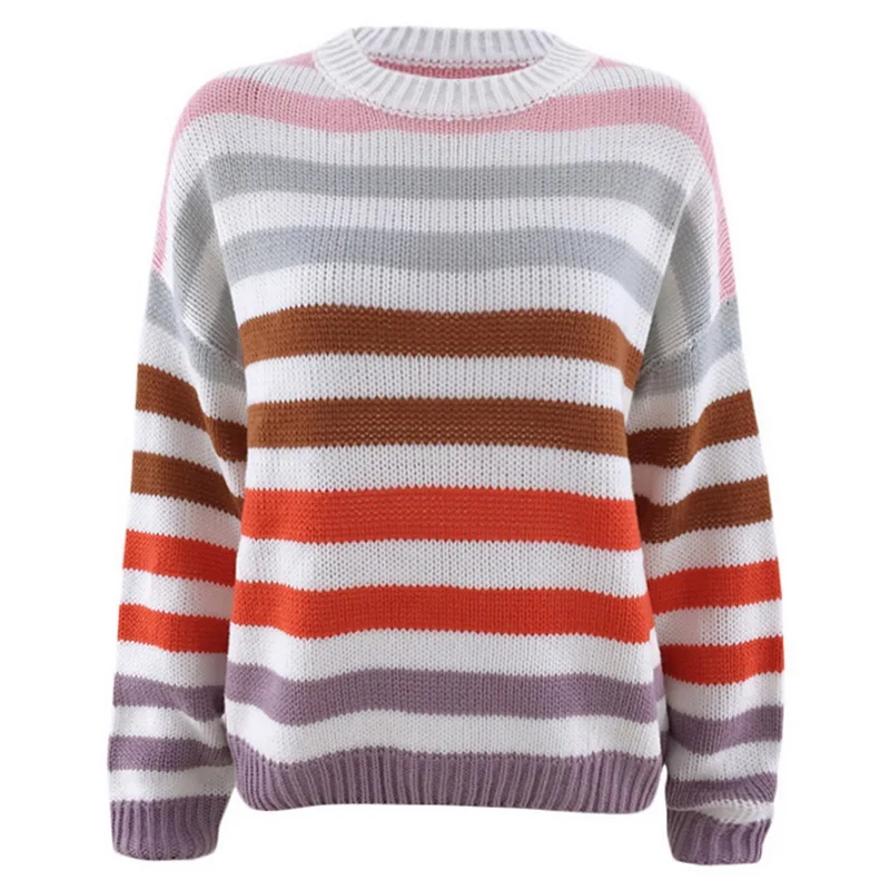 Heflashor Fashion Women's Rainbow Striped Long Sleeve Knitted Sweater Top Cover Up Ladies Casual Loose Round Neck Knitwear - Цвет: Grey