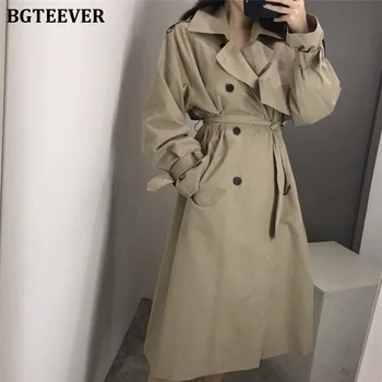 

BGTEEVER Office Ladies Double Breasted Trench Coats Women Fashion Belted Long Loose Female Korean Windbreaker Overcoats